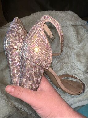 Madden Girl Iridescent Rose Gold Rhinestone Block Heel Sandals